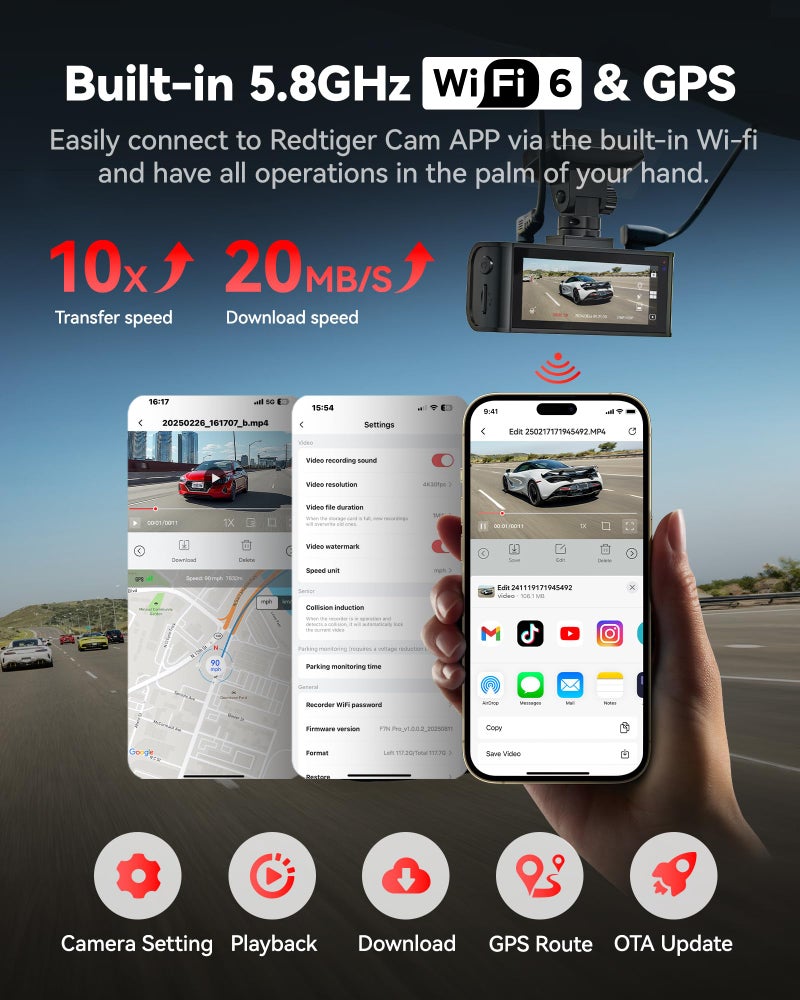 REDTIGER 4K Dash Cam Front and Rear, STARVIS 2 Sensor, 64GB Card Included, 4K/2.5K+1080P Dual Dash Camera for Cars Built-in WiFi GPS, 3.18 Inch IPS Screen, 170Â° Wide Angle, Parking Monitor (F7N Pro) - Image 4