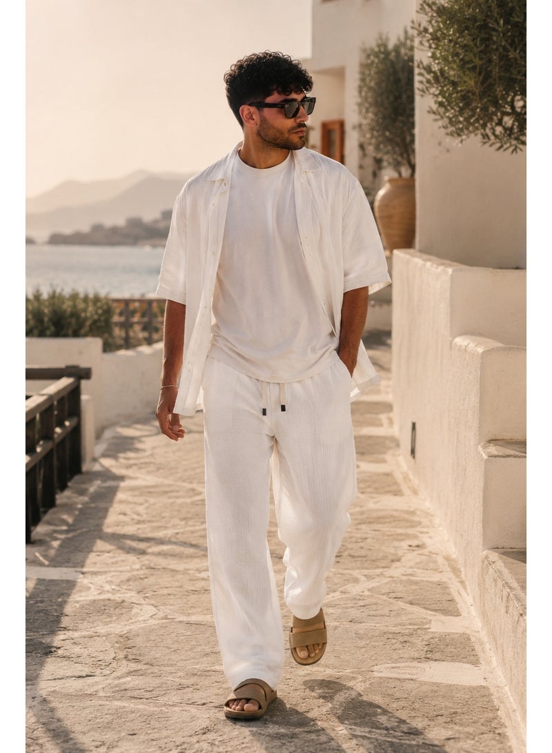بنطلون رجالي كتان واسع بخصر مطاطي - أبيض - Image 3