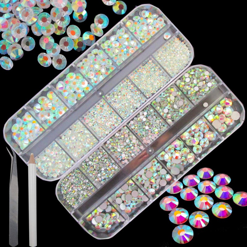 Lifextol Nails Rhinestones for Crafting 6sizes SS20 Rhinestones Flatback for Nails and Face with Tweezers and Picking Rhinestones Pen 4000pc Kit A