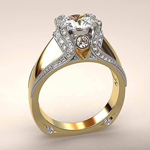 RKKOJJO 925 Sterling Silver Shiny Full Diamond Gemstone Ring Cubic Zirconia Rings 14K Yellow Gold Crown Modelling CZ Diamond Multi Row Ring Eternity Engagement Wedding Band Ring for Women (US Code 7) - Image 2