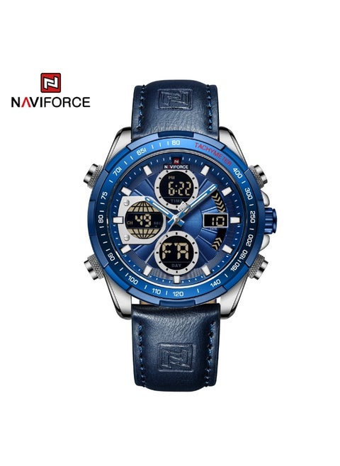 Stylish Mens Dual Time Quartz Watch with Blue Dial Leather Strap Analog Digital Display Stopwatch Alarm Water Resistant Sport Wristwatch