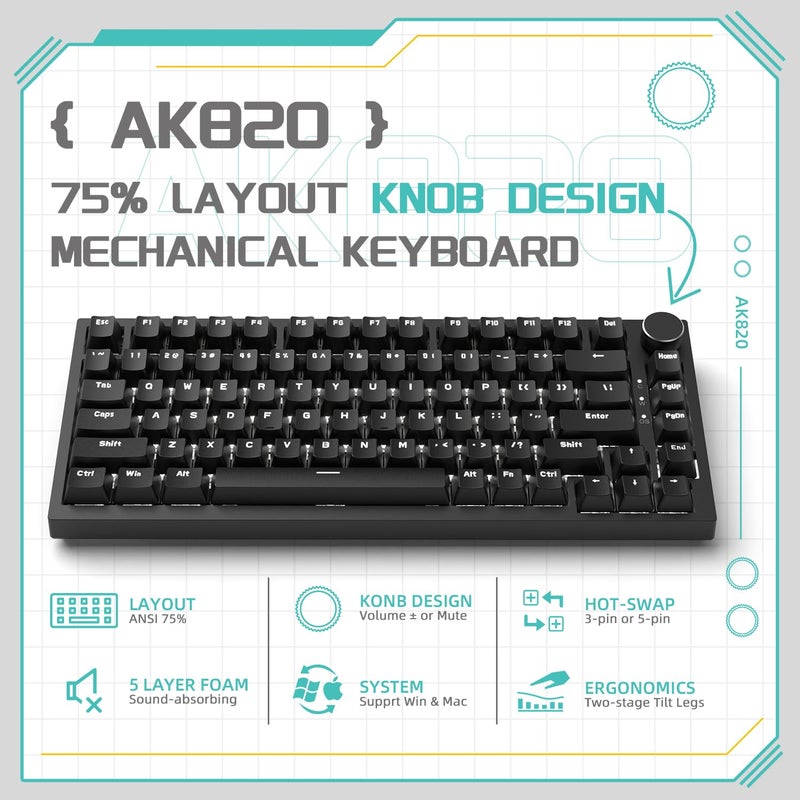 A-jazz Attack Shark ajazz AK820 Mechanical Gaming Keyboard with Knob 75% Keyboard Hot Swappable Type-C Wired Gasket 5-Layer Noise Absorbing Foam White LED Backlit NKRO Linear Red Switch for PC/Win/Mac-Black - Image 2