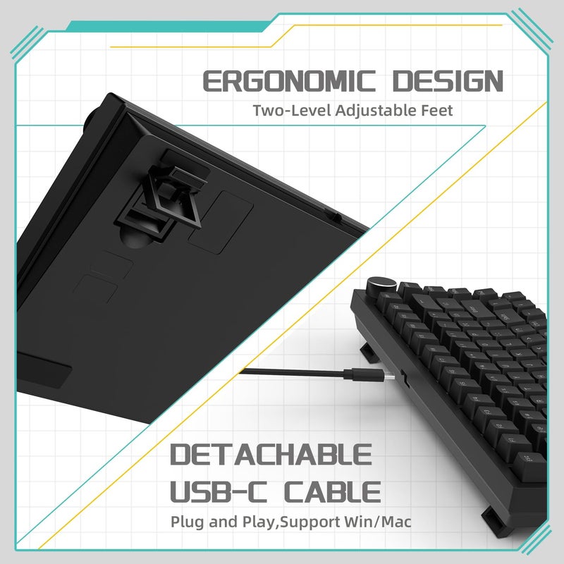 A-jazz Attack Shark ajazz AK820 Mechanical Gaming Keyboard with Knob 75% Keyboard Hot Swappable Type-C Wired Gasket 5-Layer Noise Absorbing Foam White LED Backlit NKRO Linear Red Switch for PC/Win/Mac-Black - Image 5