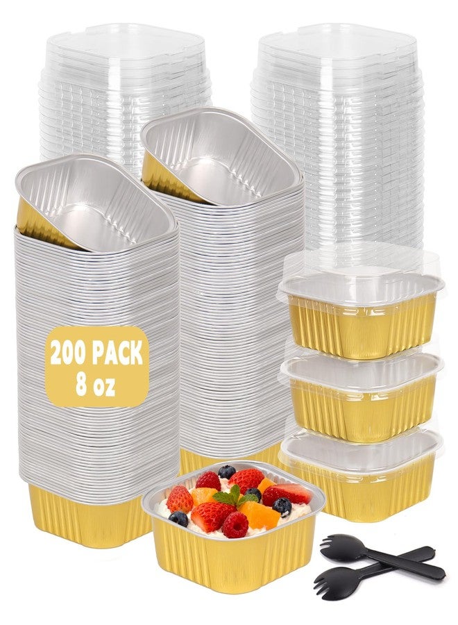 DeziWood 200 Pack 8 oz Gold Mini Aluminum Cake Pans with Lids and Spoons, Disposable Square Baking Cups, Oven Safe Foil Ramekins for Individual Desserts, Cupcakes, Cheesecakes Ramekins Muffin - Image 1