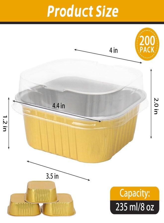 DeziWood 200 Pack 8 oz Gold Mini Aluminum Cake Pans with Lids and Spoons, Disposable Square Baking Cups, Oven Safe Foil Ramekins for Individual Desserts, Cupcakes, Cheesecakes Ramekins Muffin - Image 2