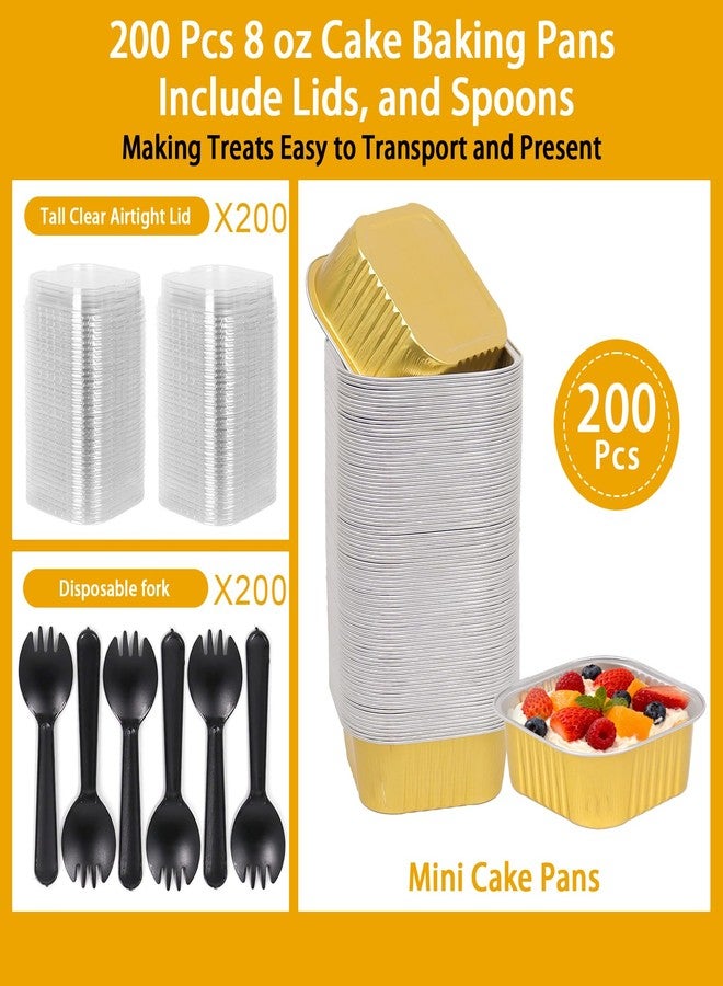 DeziWood 200 Pack 8 oz Gold Mini Aluminum Cake Pans with Lids and Spoons, Disposable Square Baking Cups, Oven Safe Foil Ramekins for Individual Desserts, Cupcakes, Cheesecakes Ramekins Muffin - Image 5