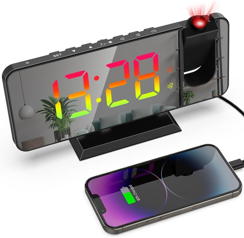 Petilleur Projection Alarm Clock for Bedroom Ceiling, 180° Rotatable Projector 7.4” Mirror RGB Digital LED Display 12/24H, 5 Level Brightness Dimmer, Dual Alarm Clock (Black) - Image 1