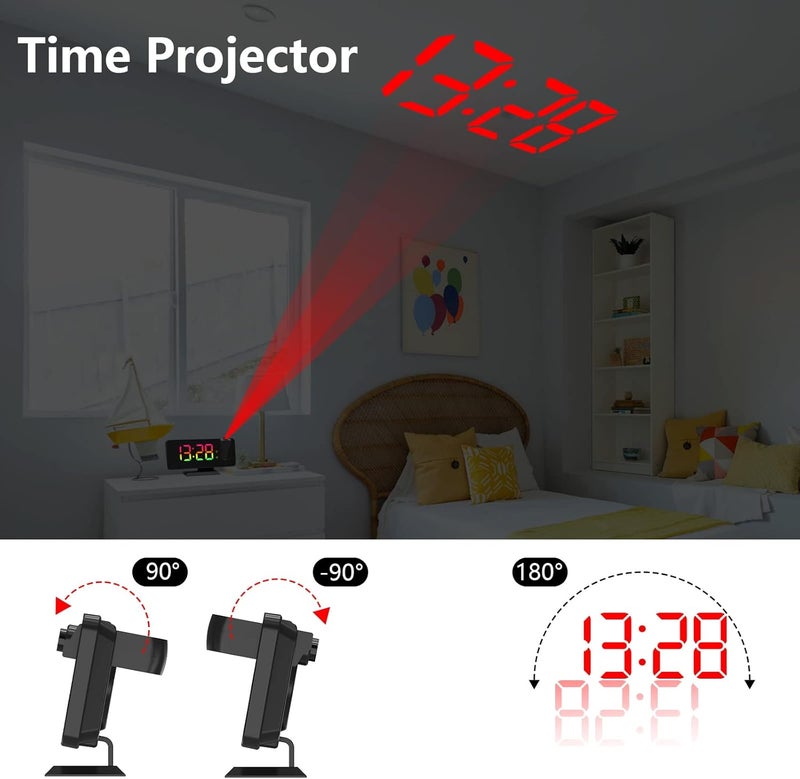 Petilleur Projection Alarm Clock for Bedroom Ceiling, 180° Rotatable Projector 7.4” Mirror RGB Digital LED Display 12/24H, 5 Level Brightness Dimmer, Dual Alarm Clock (Black) - Image 2