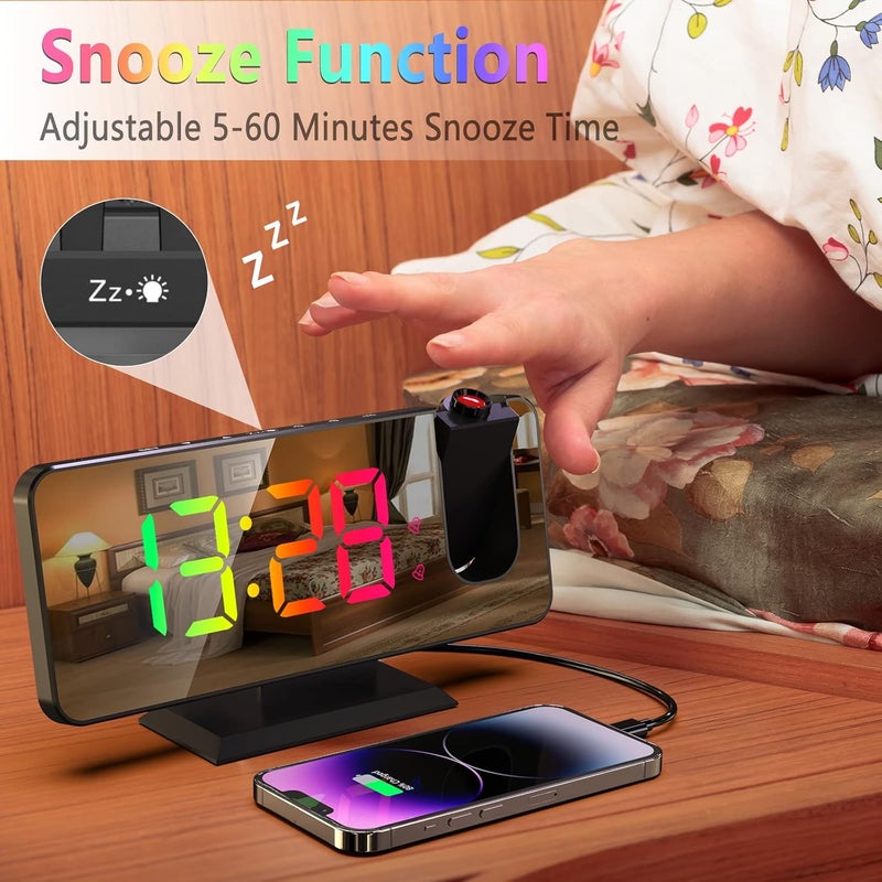 Petilleur Projection Alarm Clock for Bedroom Ceiling, 180° Rotatable Projector 7.4” Mirror RGB Digital LED Display 12/24H, 5 Level Brightness Dimmer, Dual Alarm Clock (Black) - Image 5