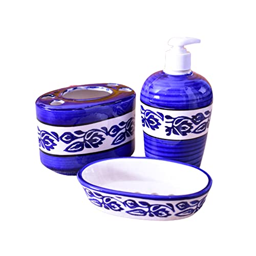 KunhaR Ceramic 3-Piece Bathroom Accessory Set, Blue-Flower (Liquid Soap Dispenser 450 ML, Soap Tray and Toothbrush Holder) - Image 1