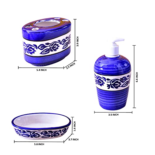 KunhaR Ceramic 3-Piece Bathroom Accessory Set, Blue-Flower (Liquid Soap Dispenser 450 ML, Soap Tray and Toothbrush Holder) - Image 2