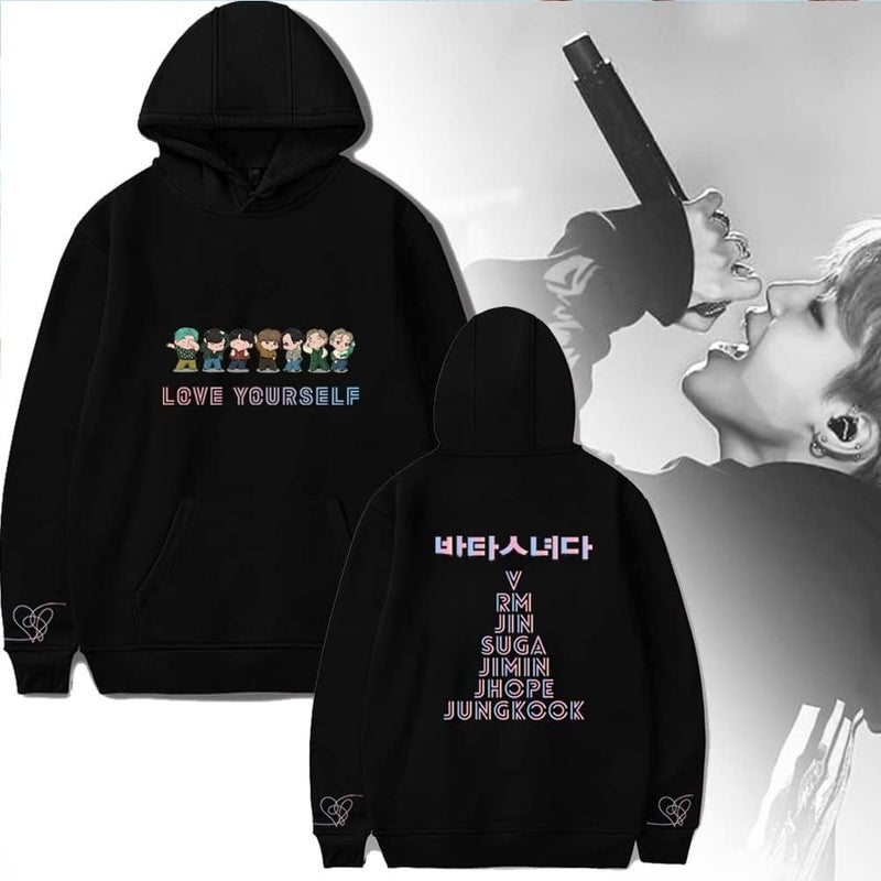 Teiniuby Korean Pop Women's Hoodie Love Yourself Sweatshirt K-pop Pullover Jungkook Jimin V Suga RM Rap Monster Lightweight Jacket Sweater (Black-2, Medium) - Image 4