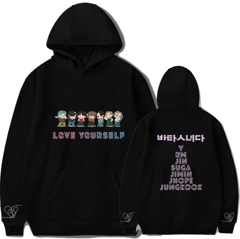 Teiniuby Korean Pop Women's Hoodie Love Yourself Sweatshirt K-pop Pullover Jungkook Jimin V Suga RM Rap Monster Lightweight Jacket Sweater (Black-2, Medium) - Image 1