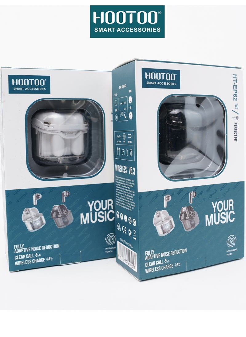 HooToo - Hootoo HT-EP62 TWS earphones with Hifi sound, Deep bass, Clear Microphone, and 25H of working. Clear White - Image 1
