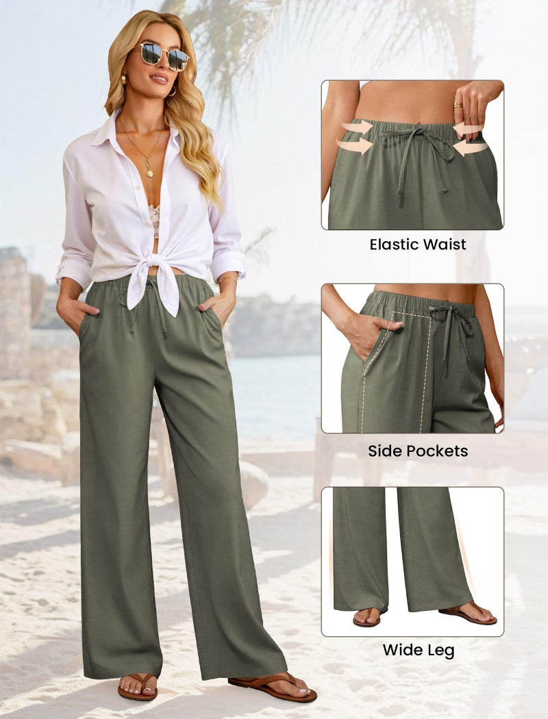 DLOODA Wide Leg Linen Pants for Women, Loose Flowy Palazzo Pants with Pockets Drawstring Trousers Summer Beach Vacation Army Green - Image 5