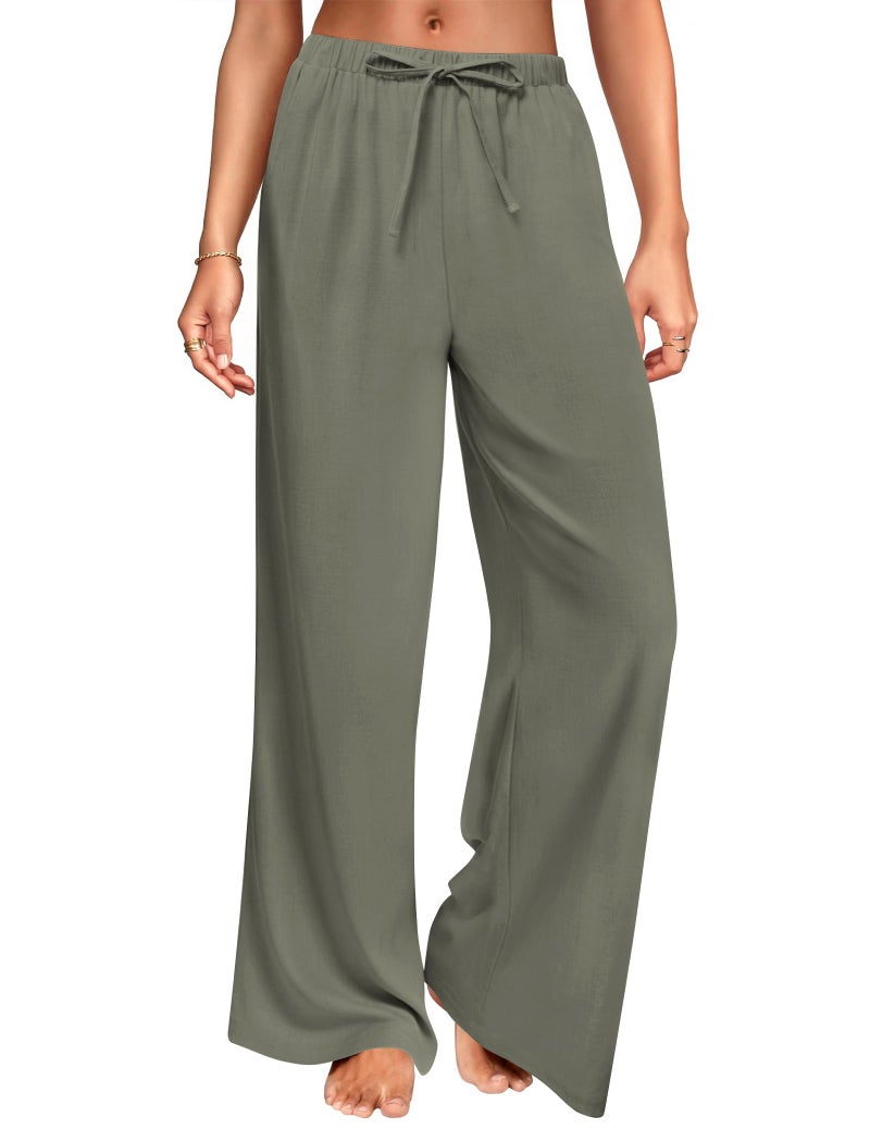 DLOODA Wide Leg Linen Pants for Women, Loose Flowy Palazzo Pants with Pockets Drawstring Trousers Summer Beach Vacation Army Green - Image 1