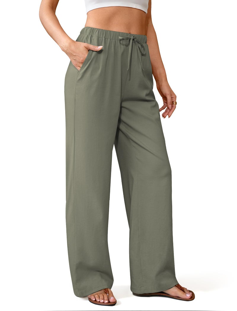 DLOODA Wide Leg Linen Pants for Women, Loose Flowy Palazzo Pants with Pockets Drawstring Trousers Summer Beach Vacation Army Green - Image 2