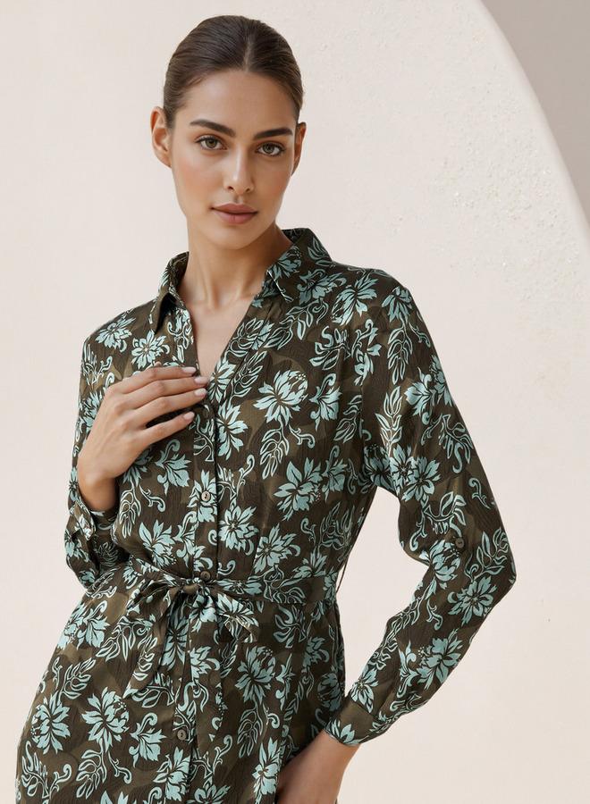 Splash FAV Knee Length Shirt Belted Dress with Floral Print - Image 5