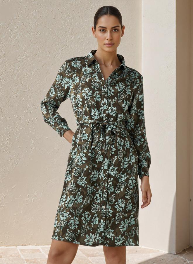 Splash FAV Knee Length Shirt Belted Dress with Floral Print - Image 2