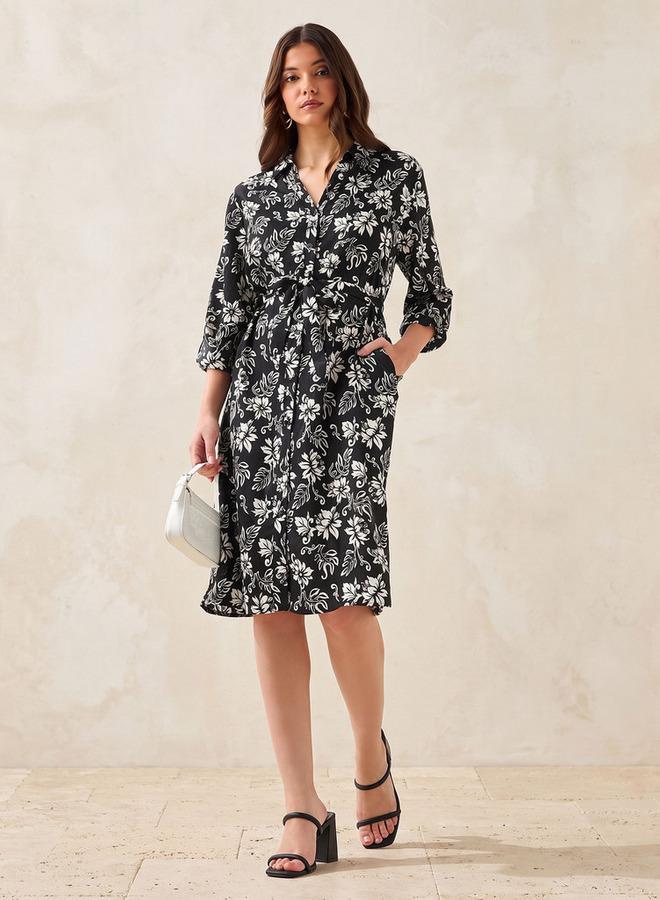 Splash FAV Knee Length Shirt Belted Dress with Floral Print - Image 1