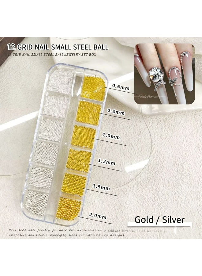 12 Grid Mini Metal Beads Nail Art Set Gold Silver Mixed Sizes 0.8mm Charms for Manicure - Image 3