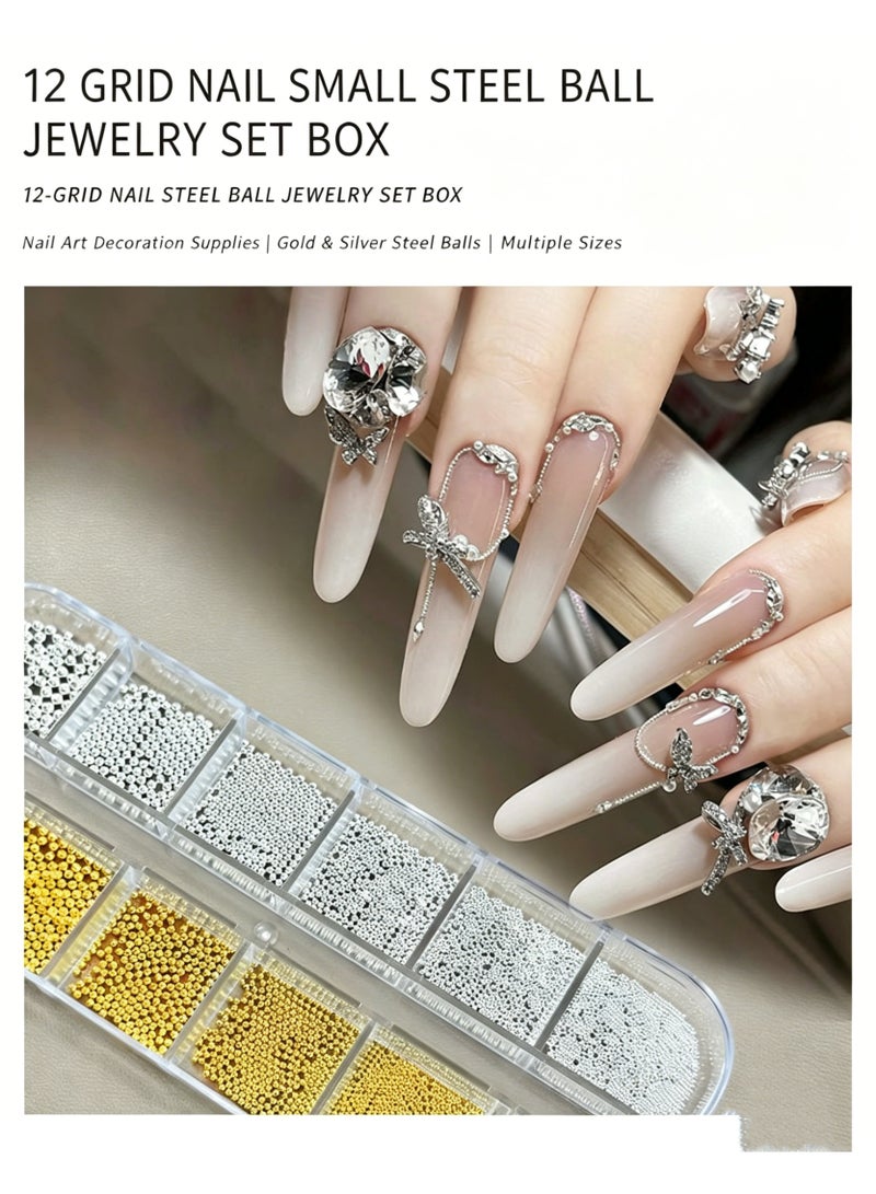 12 Grid Mini Metal Beads Nail Art Set Gold Silver Mixed Sizes 0.8mm Charms for Manicure - Image 1