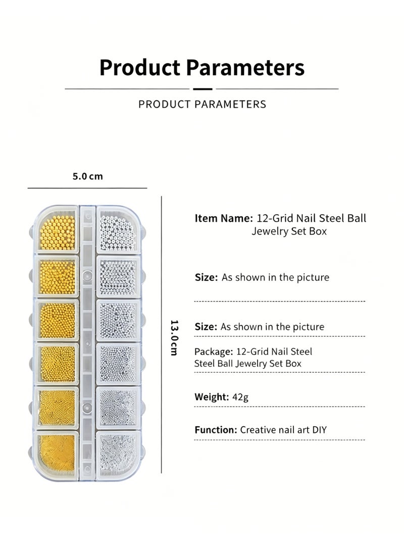 12 Grid Mini Metal Beads Nail Art Set Gold Silver Mixed Sizes 0.8mm Charms for Manicure - Image 2