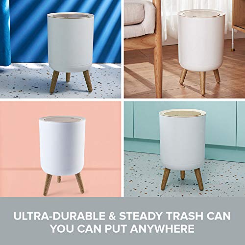 Primo Supply Nordic Style Trash Can (1-Pack) - Push Top Trash Can with Lid - 14.3" x 8.7" White Top Spring Waste Basket - Scandinavian Modern Garbage Can - Round Trash Bin w/ Legs - Kitchen/Bathroom Trash Can I 1.8 Gallon - 7L - Image 5