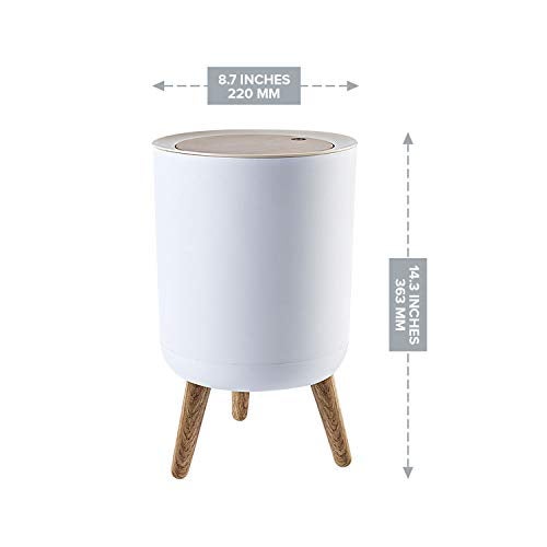 Primo Supply Nordic Style Trash Can (1-Pack) - Push Top Trash Can with Lid - 14.3" x 8.7" White Top Spring Waste Basket - Scandinavian Modern Garbage Can - Round Trash Bin w/ Legs - Kitchen/Bathroom Trash Can I 1.8 Gallon - 7L - Image 2