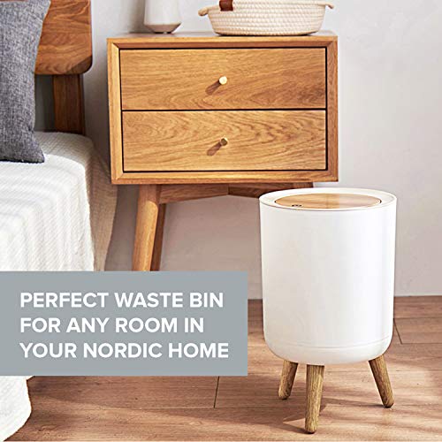 Primo Supply Nordic Style Trash Can (1-Pack) - Push Top Trash Can with Lid - 14.3" x 8.7" White Top Spring Waste Basket - Scandinavian Modern Garbage Can - Round Trash Bin w/ Legs - Kitchen/Bathroom Trash Can I 1.8 Gallon - 7L - Image 3