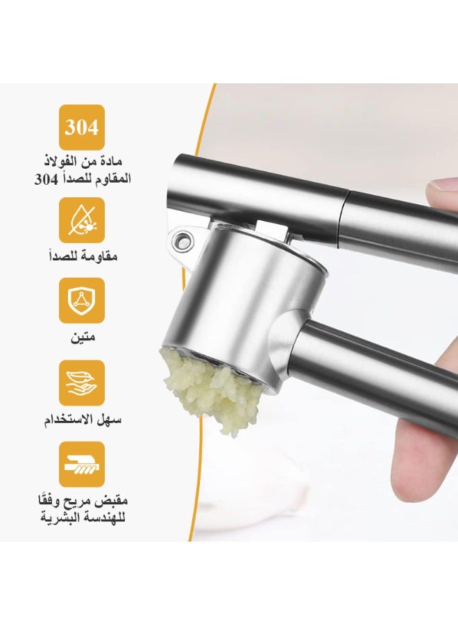 فلوكسهوم عصّارة ثوم / كسارة ثوم مصنوعة من الفولاذ المقاوم للصدأ 304، طقم عصر ثوم للمطبخ مع فرشاة تنظيف ومقشّر، سهلة التنظيف وسهلة الضغط، مقاومة للصدأ - Image 2