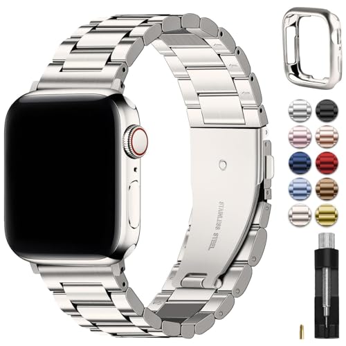 Fullmosa Compatible Apple Watch Band 38mm 40mm 41mm, Stainless Steel iWatch Band with Case for Apple Watch SE3/2/1 Series 9/8/7/6/5/4/3/2/1,38mm 40mm 41mm, Starlight (Watch not Included) - Image 1