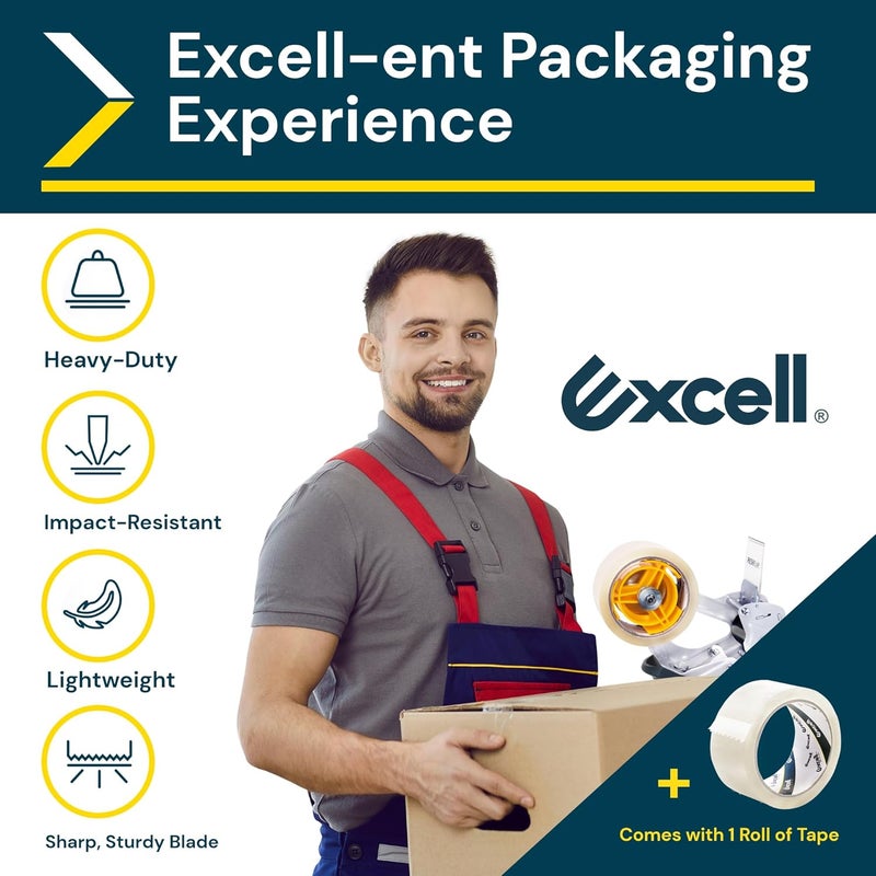 excell Anti-Backflow Metal Packaging Tape Dispenser (2" Wide) with 2 Roll Tapes: Ideal for Packaging, Transportation, Moving, and Box Sealing. Includes Tape Gun and Two Tapes - Image 2