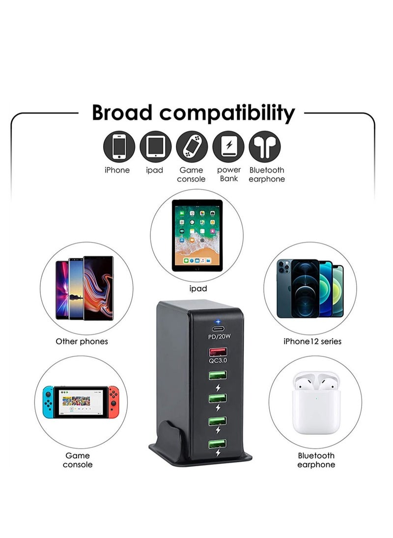 SYOSI - Charger Block 6 in 1, 65W USB C Charger 3A, Charging Hub with 6 USB Ports for Multiple Electronics, USB Charging Station Multiports, Universal Desktop Phone Charger Travel Ready (Black) - Image 1