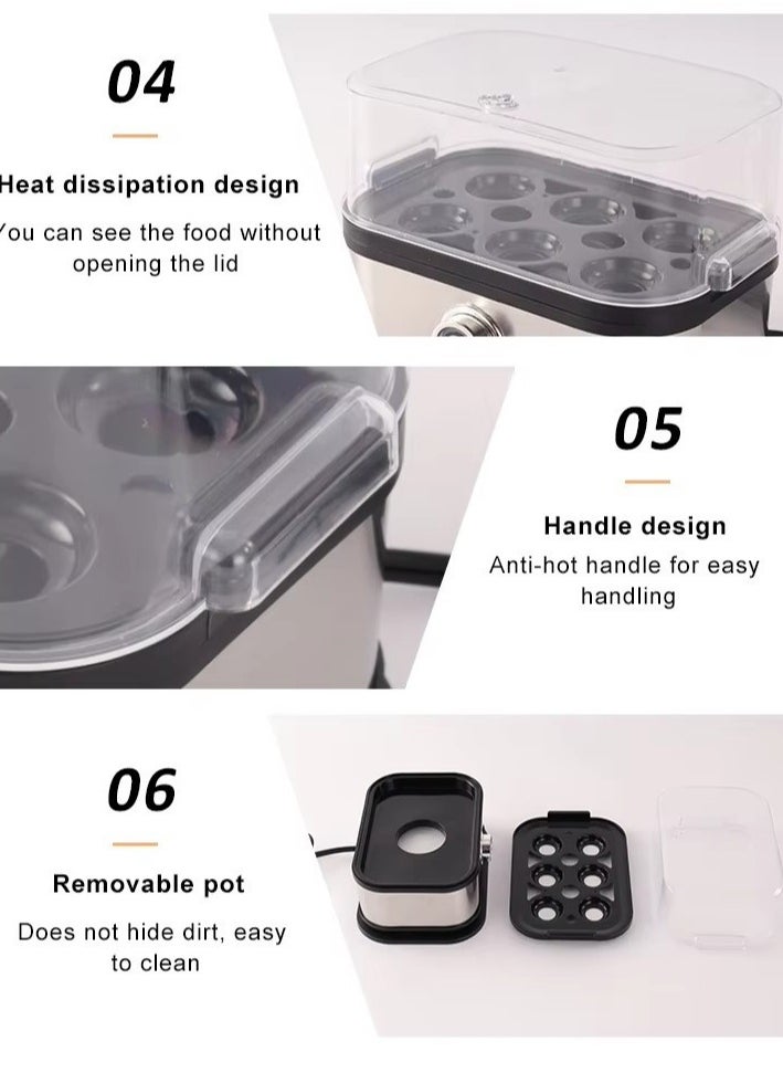 200 watt egg boiler - can hold 6 eggs, manually powered off, equipped with tray, measuring cup, and lid