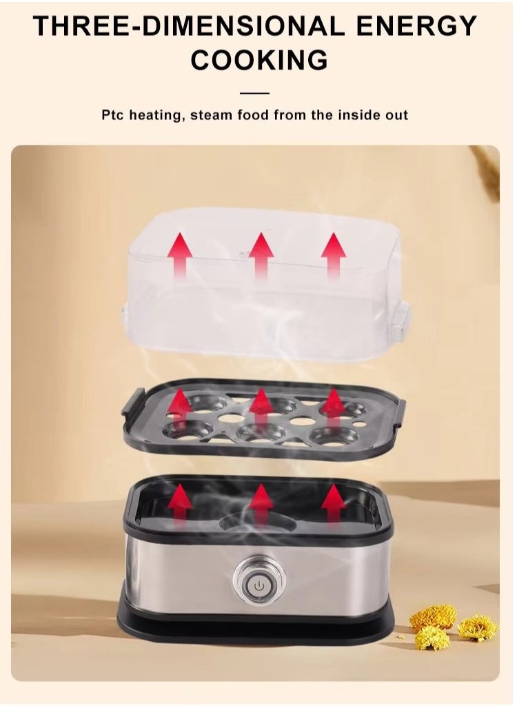 200 watt egg boiler - can hold 6 eggs, manually powered off, equipped with tray, measuring cup, and lid