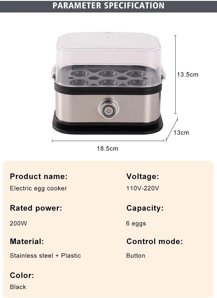 200 watt egg boiler - can hold 6 eggs, manually powered off, equipped with tray, measuring cup, and lid