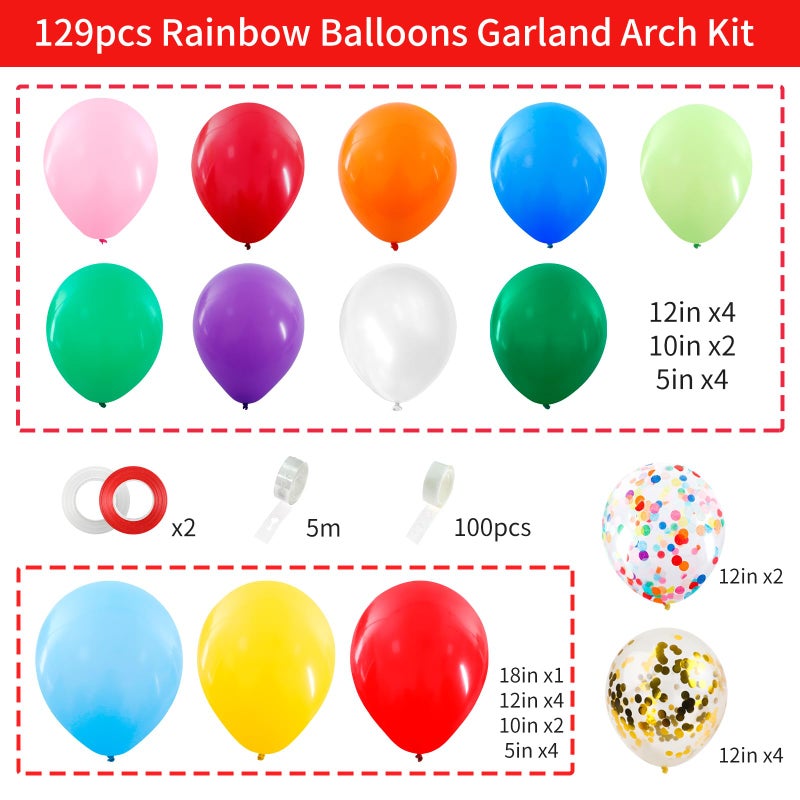 RUBFAC Rainbow Balloons Garland Arch Kit, 129pcs 12 Assorted Color Balloons Colorful Party Balloons for Birthday Party Baby Shower Decoration - Image 2