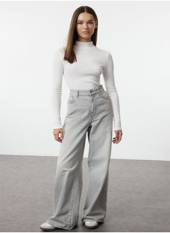 Ecru Fitted/Fits the Body Stand Collar Long Sleeve Ribbed Stretch Knitted Medium Blouse TWOAW21BZ0423