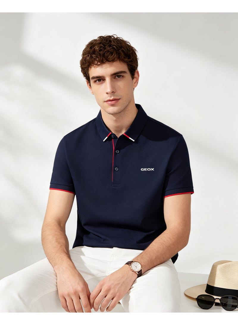 GEOX Men Short Sleeve Collared Polo Shirt Corporate Office Formal Business Top Navy Dark Blue - Image 1