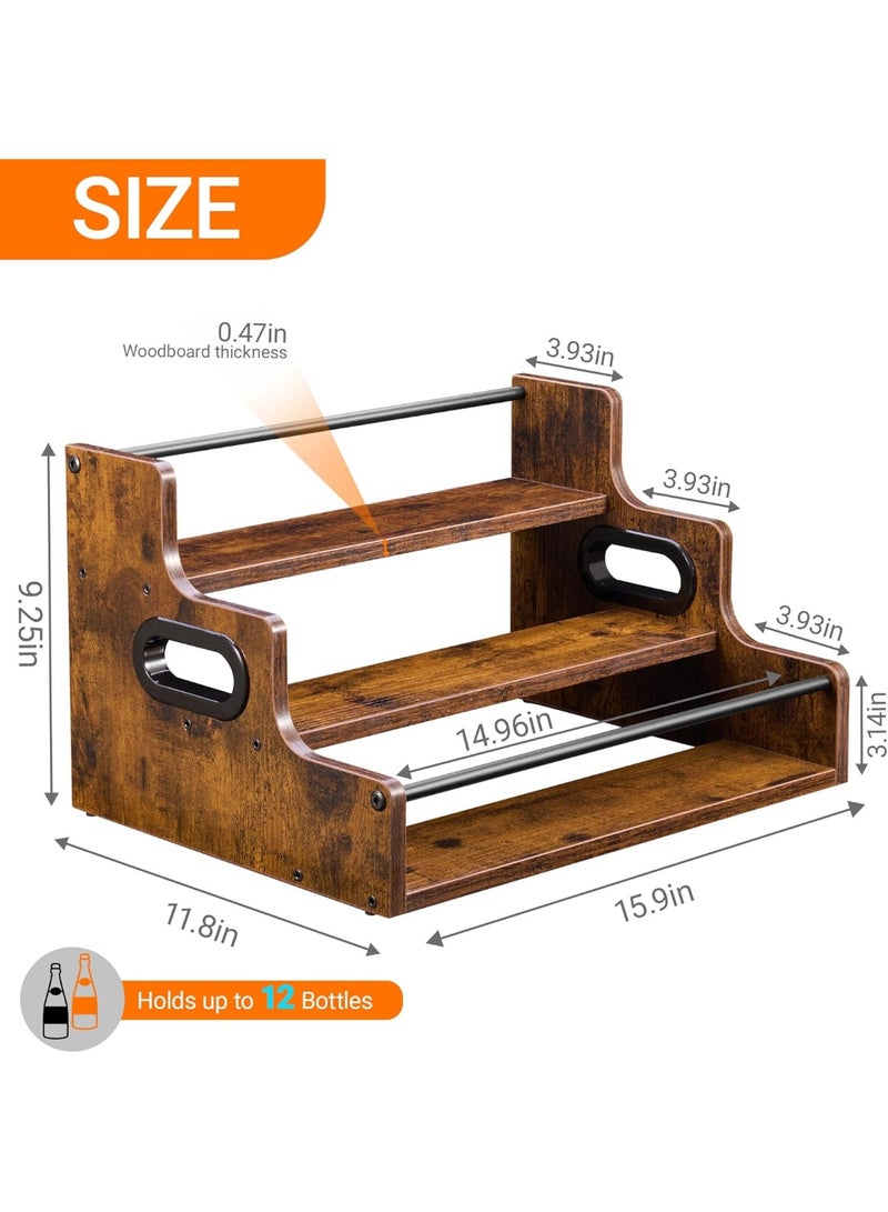 3-Tier Rustic Wooden Display Shelf, countertop shelves for Spice Storage, Coffee Syrup, Water Bottle Organizer, Holds up to 12 Bottles (3-Tier)