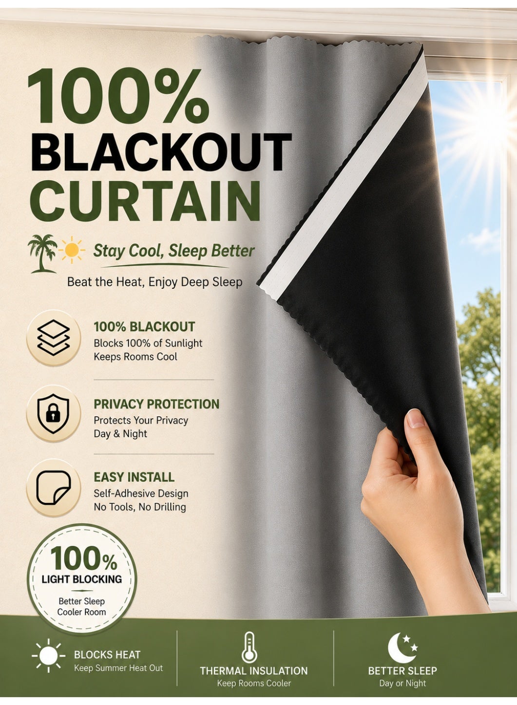 OHTEX HOME 100% Blackout Curtain, Self-adhesive and Portable, Easy to install, Sun Protection, Heat Insulation, Privacy Protection, Short Length, Suitable for Various Room Types, Bedroom Curtains, Bed