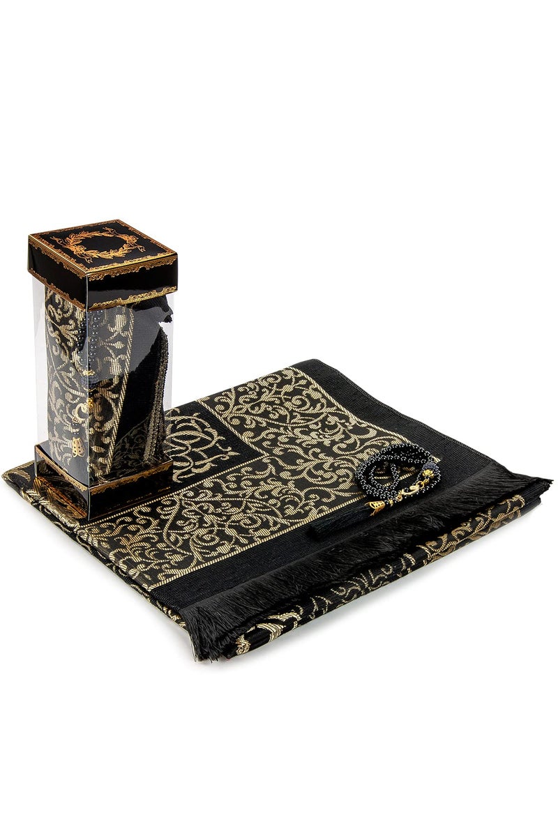 İhvan Online Muslim Prayer Rug and Prayer Beads with Elegant Gift Box  Janamaz  Sajadah  Soft Islamic Prayer Rug  Islamic Gifts Set  Prayer Carpet Mat Taffeta Fabric Black