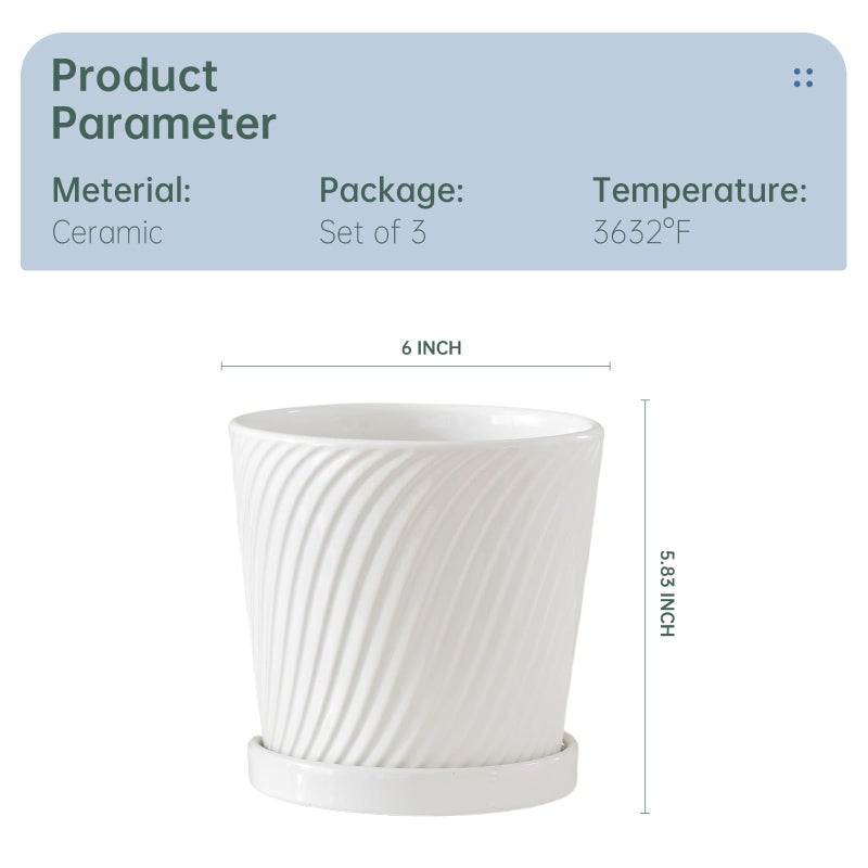 Ton Sin Plant Pots,White 6 Inch Flower Pots for Plants,Ceramic Planter with Drainage Holes,Indoor Planter Pots with Saucer,Outdoor Garden Pots (White, 4 Pack) - Image 3