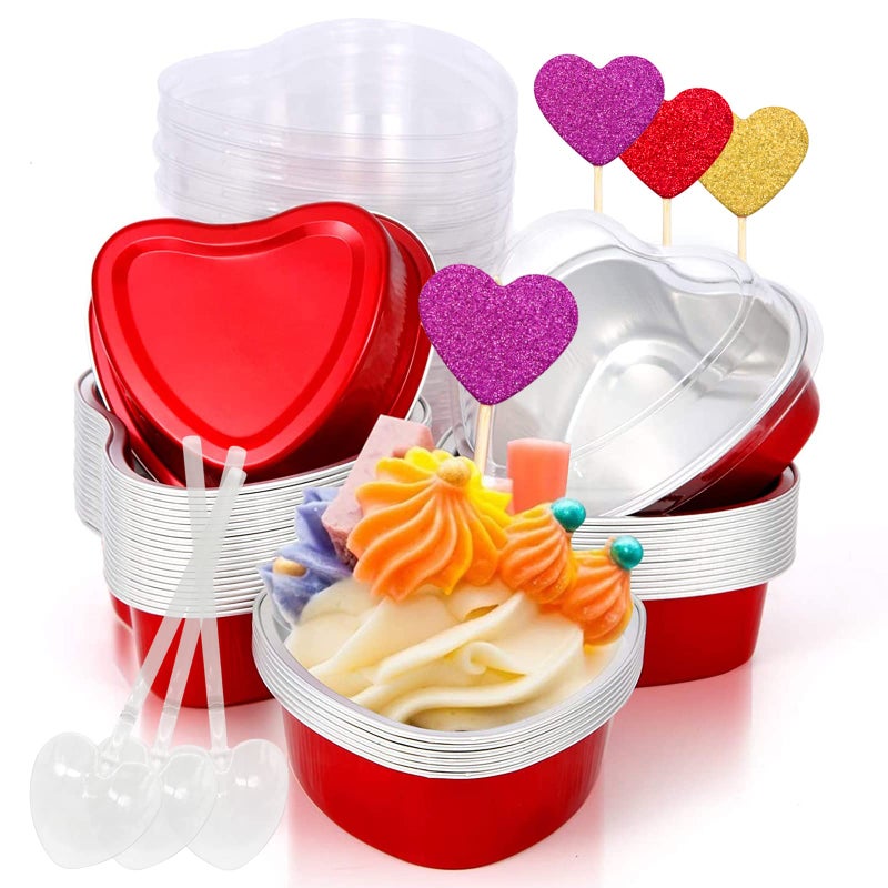 Lovinland Heart Shaped Cake Pans Valentines Aluminum Mini Cake Pans with Lids for Baking 30 Packs 3.4 Ounces Disposable Cupcake Cup Pan Baking Pans for Valentine Mother's Day Wedding Birthday Baking Supplies - Image 1