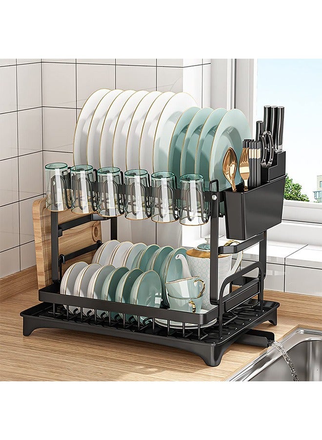 Beauenty Kitchen 2 Layers Storage Rack Dish Drying Rack Tableware Drainer Shelf Plate Dish Rack with Drain Tray Sink Organizer black - Image 2