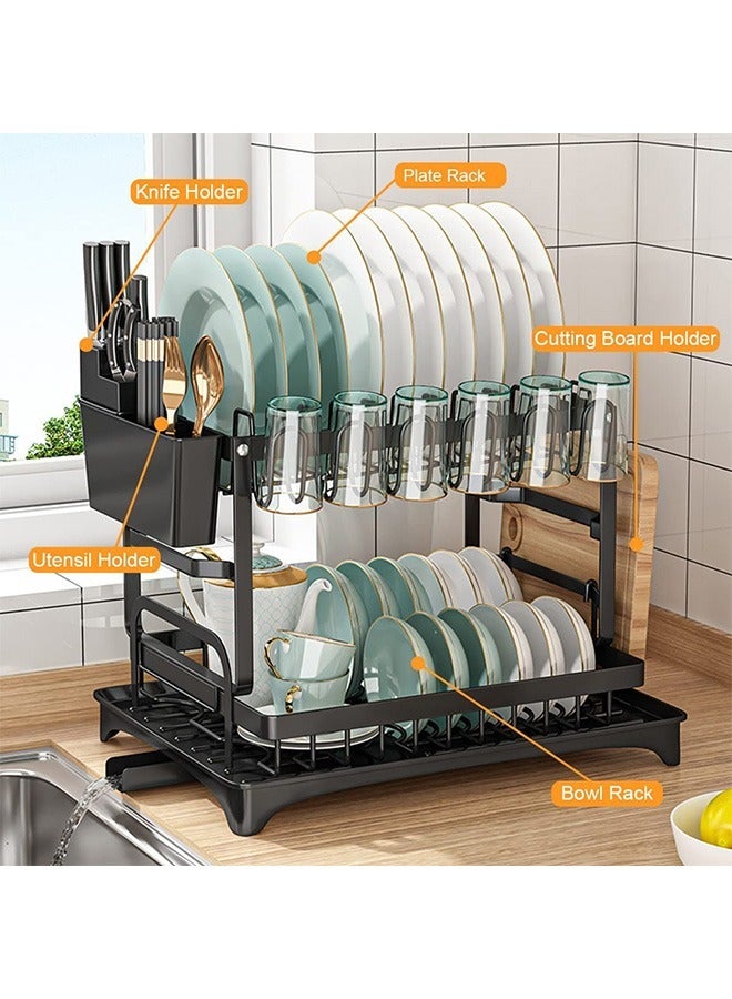 Beauenty Kitchen 2 Layers Storage Rack Dish Drying Rack Tableware Drainer Shelf Plate Dish Rack with Drain Tray Sink Organizer black - Image 4