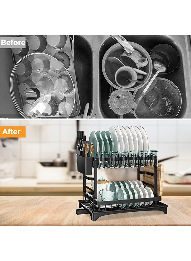 Beauenty Kitchen 2 Layers Storage Rack Dish Drying Rack Tableware Drainer Shelf Plate Dish Rack with Drain Tray Sink Organizer black - Image 5