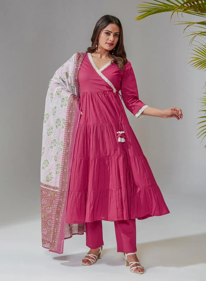 KASYA Pink Cotton Flared Kurta with Pants and Printed Dupatta Set
