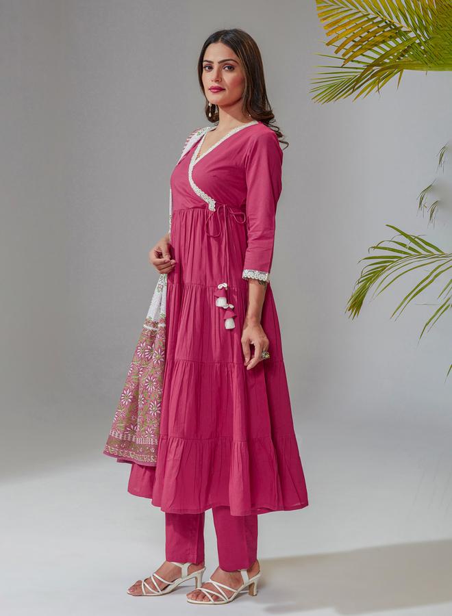 KASYA Pink Cotton Flared Kurta with Pants and Printed Dupatta Set - Image 4
